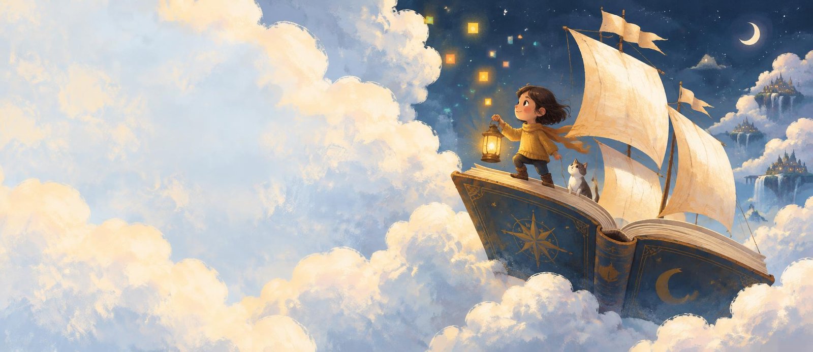 Niña con un farol navegando entre nubes sobre un libro velero